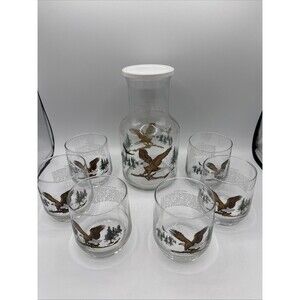 Vintage Sunoco Bald Eagle Glass Carafe Pitcher Lid 6 Matching Rocks Glasses Set